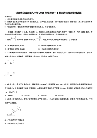 甘肃省白银市第九中学2025年物理高一下期末达标检测模拟试题含解析