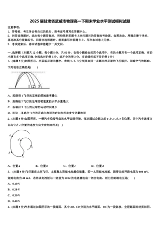 2025届甘肃省武威市物理高一下期末学业水平测试模拟试题含解析