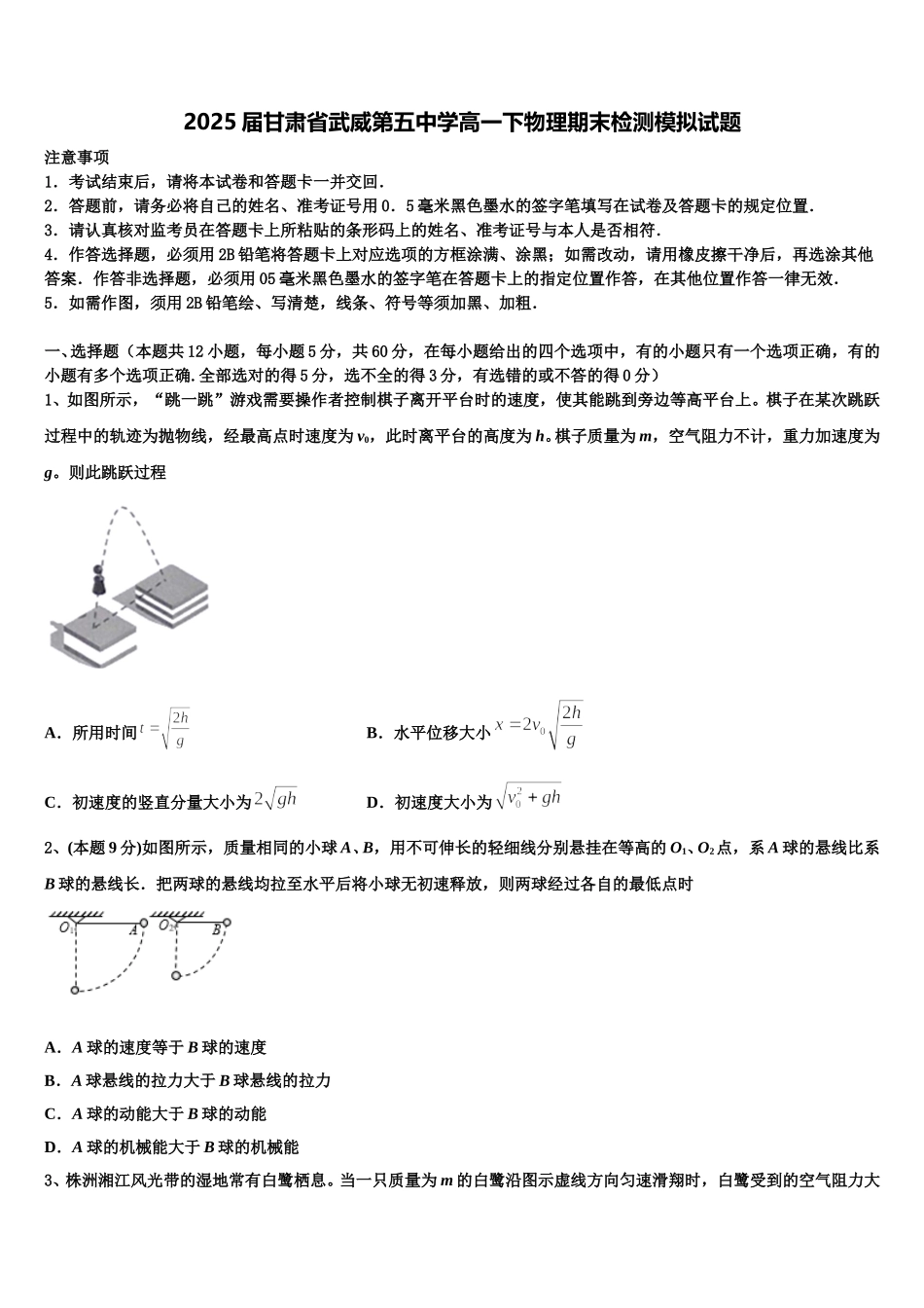 2025届甘肃省武威第五中学高一下物理期末检测模拟试题含解析_第1页