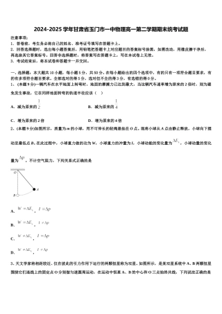 2024-2025学年甘肃省玉门市一中物理高一第二学期期末统考试题含解析