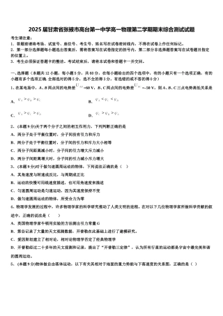 2025届甘肃省张掖市高台第一中学高一物理第二学期期末综合测试试题含解析