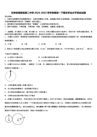 甘肃省镇原县第二中学2024-2025学年物理高一下期末学业水平测试试题含解析