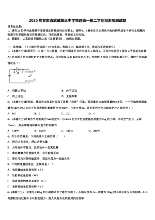 2025届甘肃省武威第三中学物理高一第二学期期末预测试题含解析