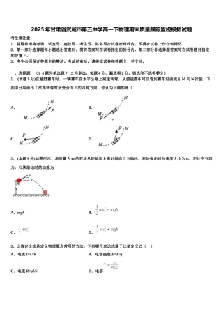 2025年甘肃省武威市第五中学高一下物理期末质量跟踪监视模拟试题含解析