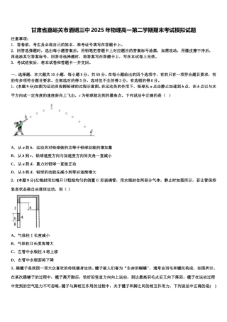 甘肃省嘉峪关市酒钢三中2025年物理高一第二学期期末考试模拟试题含解析