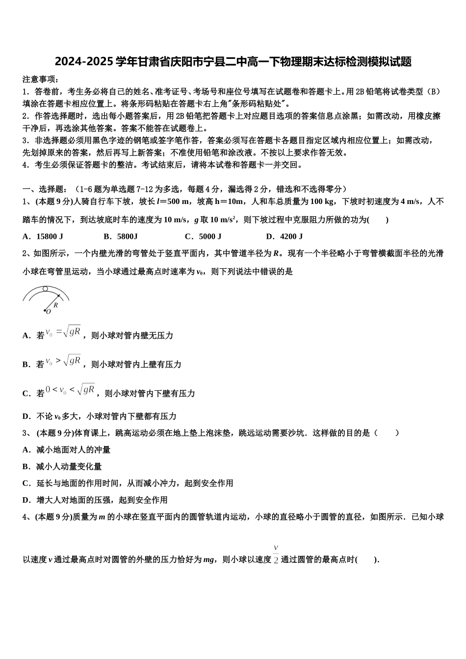 2024-2025学年甘肃省庆阳市宁县二中高一下物理期末达标检测模拟试题含解析_第1页