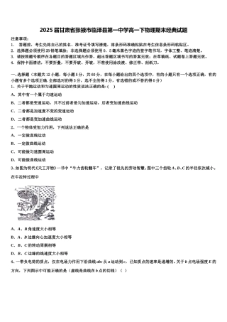 2025届甘肃省张掖市临泽县第一中学高一下物理期末经典试题含解析