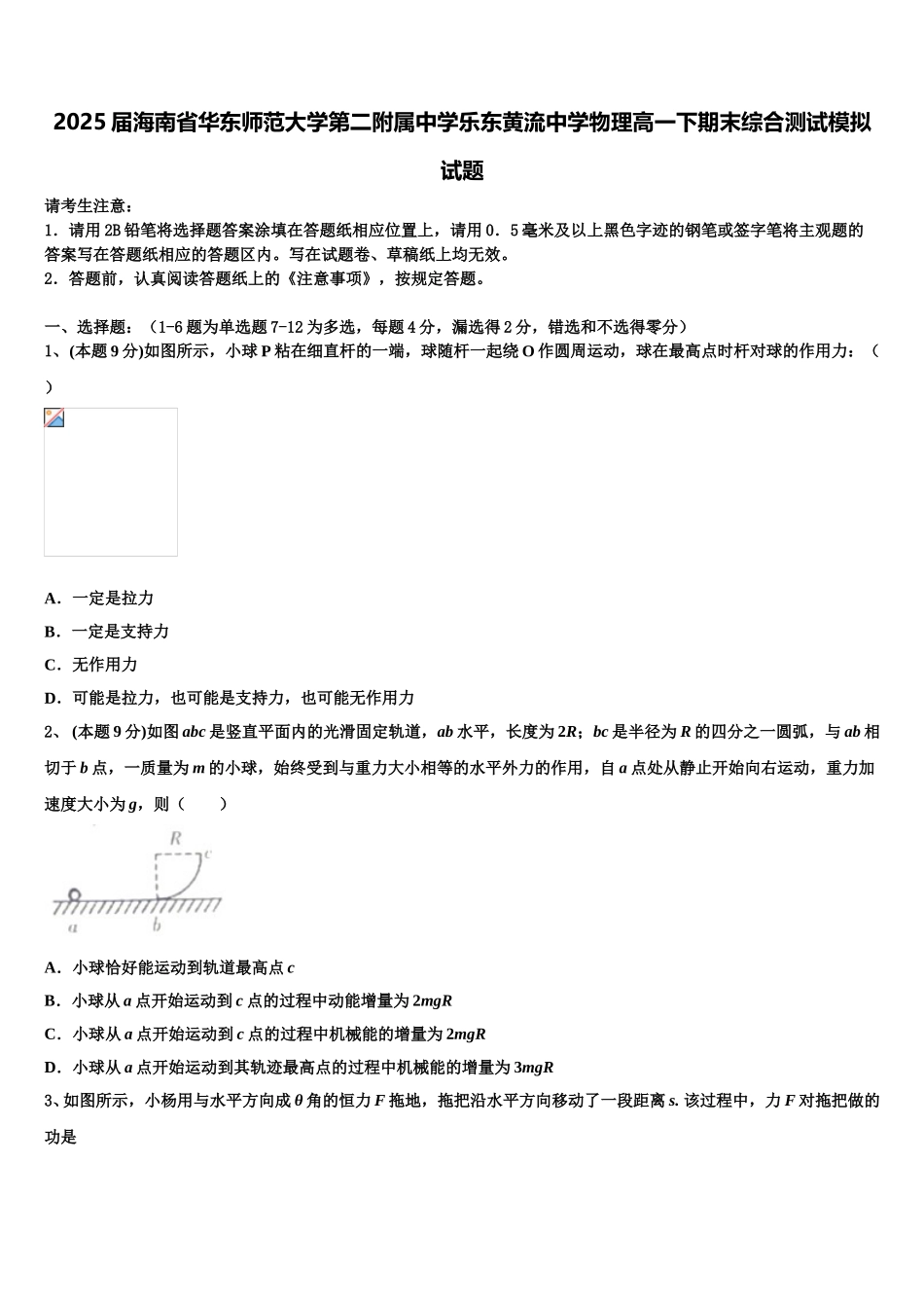 2025届海南省华东师范大学第二附属中学乐东黄流中学物理高一下期末综合测试模拟试题含解析_第1页