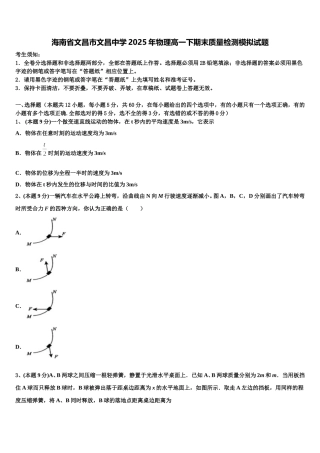 海南省文昌市文昌中学2025年物理高一下期末质量检测模拟试题含解析