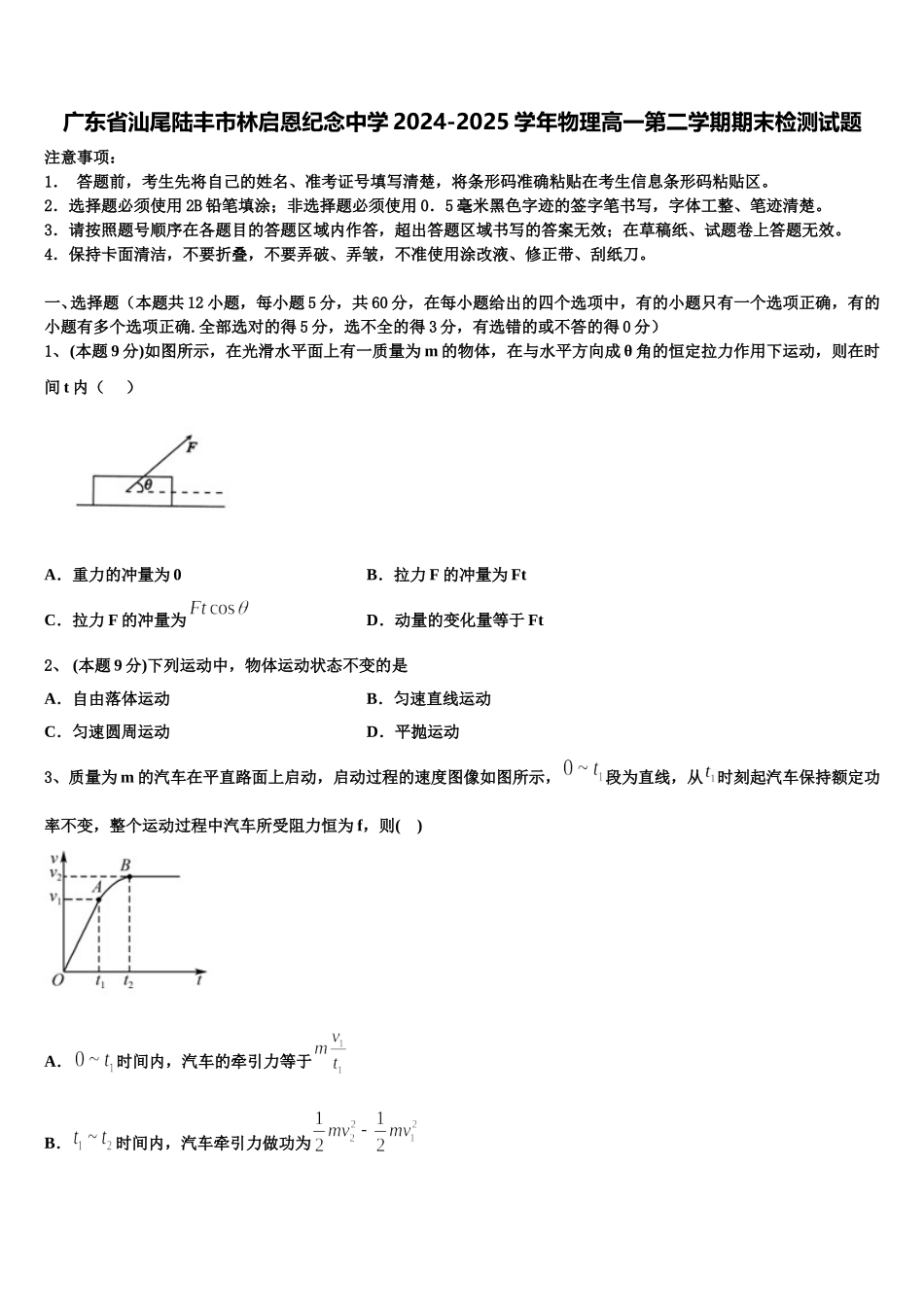 广东省汕尾陆丰市林启恩纪念中学2024-2025学年物理高一第二学期期末检测试题含解析_第1页