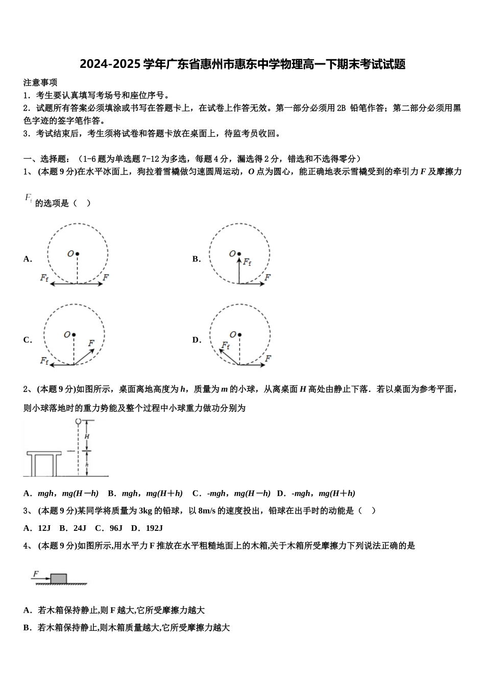 2024-2025学年广东省惠州市惠东中学物理高一下期末考试试题含解析_第1页