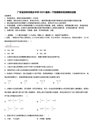 广东省深圳市西乡中学2025届高一下物理期末检测模拟试题含解析