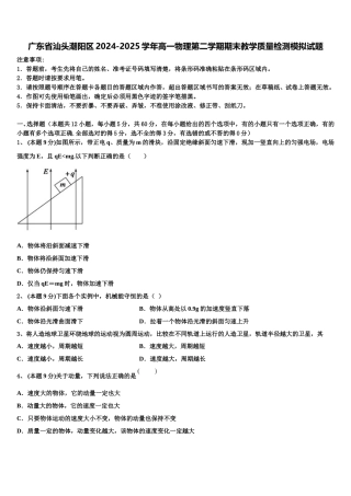 广东省汕头潮阳区2024-2025学年高一物理第二学期期末教学质量检测模拟试题含解析
