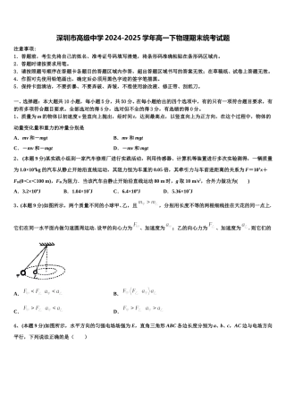 深圳市高级中学2024-2025学年高一下物理期末统考试题含解析