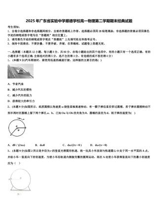2025年广东省实验中学顺德学校高一物理第二学期期末经典试题含解析