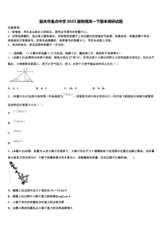韶关市重点中学2025届物理高一下期末调研试题含解析