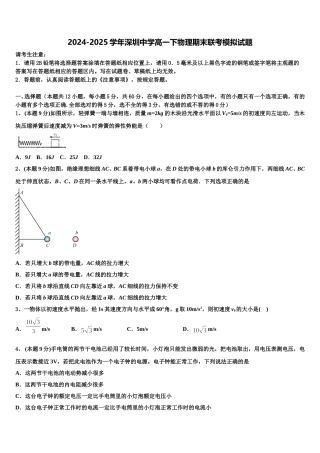 2024-2025学年深圳中学高一下物理期末联考模拟试题含解析