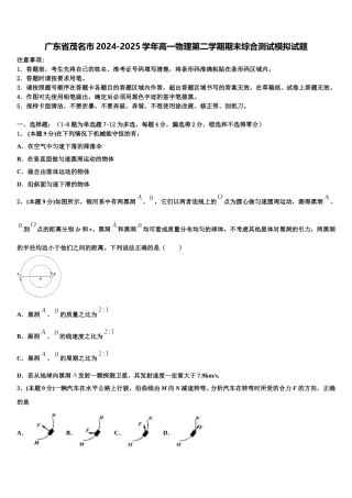 广东省茂名市2024-2025学年高一物理第二学期期末综合测试模拟试题含解析