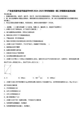 广东省河源市连平县连平中学2024-2025学年物理高一第二学期期末监测试题含解析