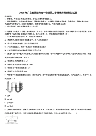 2025年广东省揭阳市高一物理第二学期期末调研模拟试题含解析