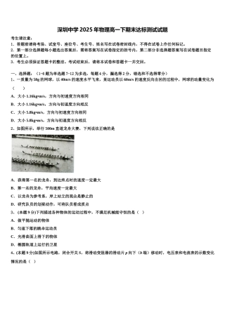 深圳中学2025年物理高一下期末达标测试试题含解析