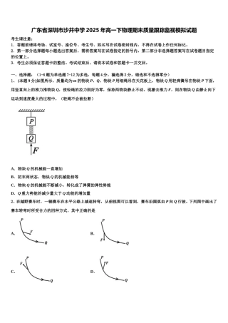 广东省深圳市沙井中学2025年高一下物理期末质量跟踪监视模拟试题含解析