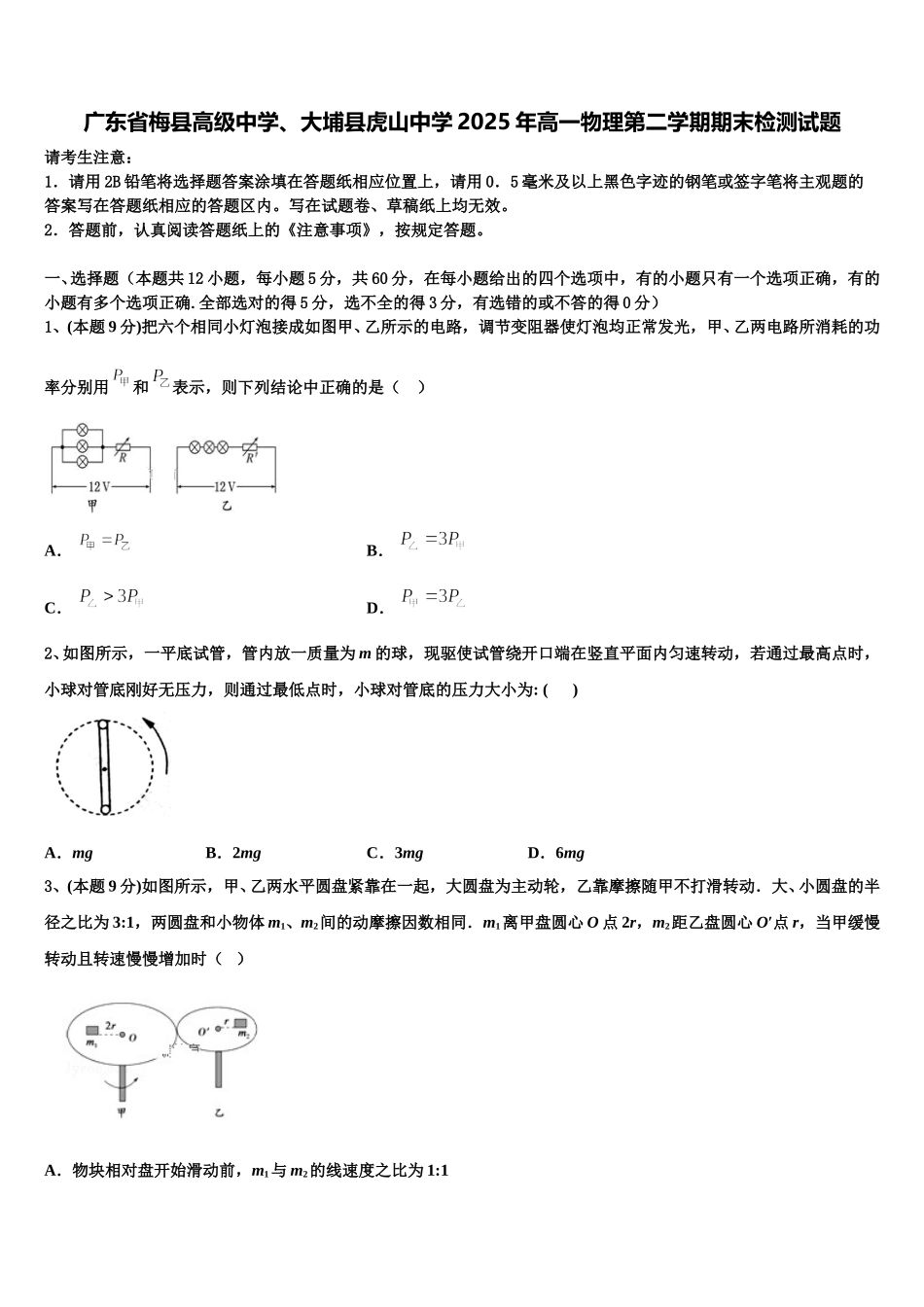 广东省梅县高级中学、大埔县虎山中学2025年高一物理第二学期期末检测试题含解析_第1页