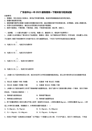 广东省中山一中2025届物理高一下期末复习检测试题含解析