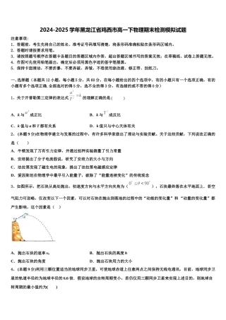 2024-2025学年黑龙江省鸡西市高一下物理期末检测模拟试题含解析