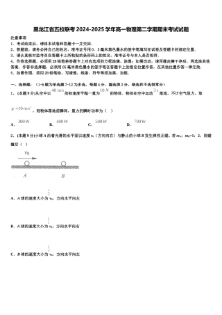 黑龙江省五校联考2024-2025学年高一物理第二学期期末考试试题含解析