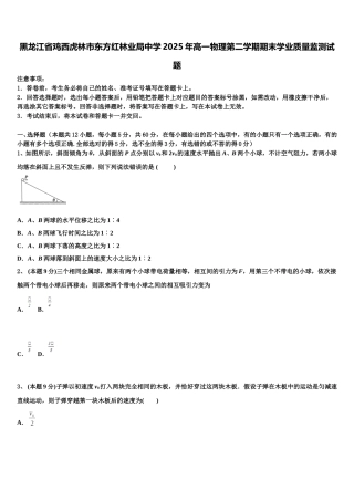 黑龙江省鸡西虎林市东方红林业局中学2025年高一物理第二学期期末学业质量监测试题含解析