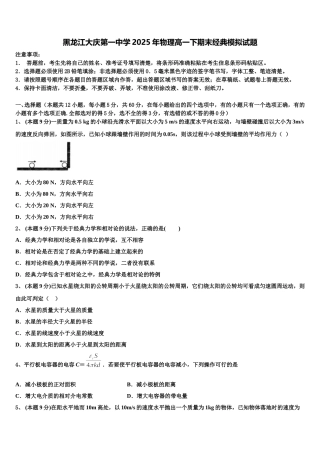 黑龙江大庆第一中学2025年物理高一下期末经典模拟试题含解析