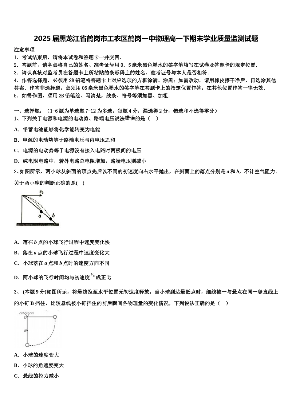 2025届黑龙江省鹤岗市工农区鹤岗一中物理高一下期末学业质量监测试题含解析_第1页