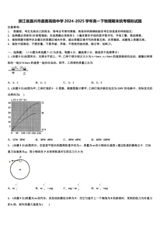 浙江省嘉兴市嘉善高级中学2024-2025学年高一下物理期末统考模拟试题含解析