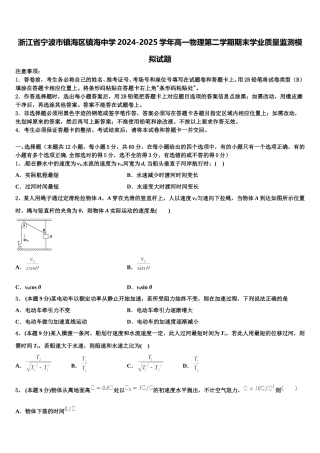 浙江省宁波市镇海区镇海中学2024-2025学年高一物理第二学期期末学业质量监测模拟试题含解析