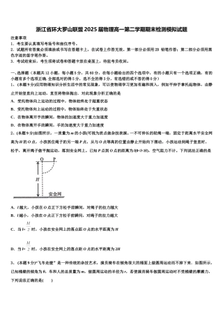 浙江省环大罗山联盟2025届物理高一第二学期期末检测模拟试题含解析