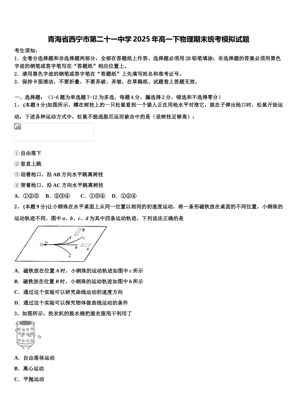 青海省西宁市第二十一中学2025年高一下物理期末统考模拟试题含解析_第1页