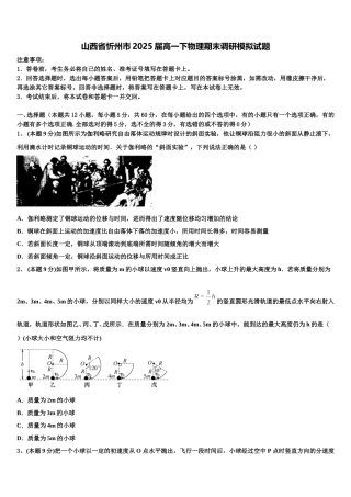 山西省忻州市2025届高一下物理期末调研模拟试题含解析