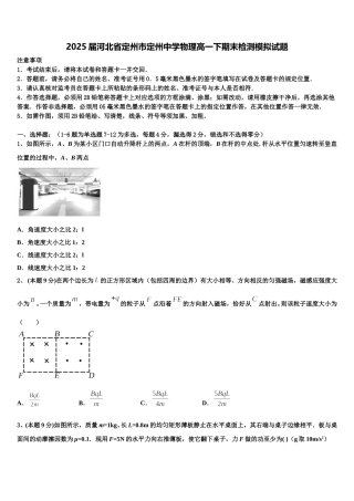 2025届河北省定州市定州中学物理高一下期末检测模拟试题含解析