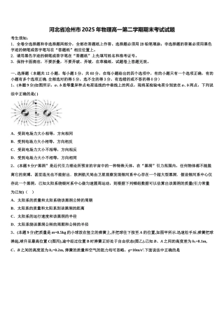 河北省沧州市2025年物理高一第二学期期末考试试题含解析