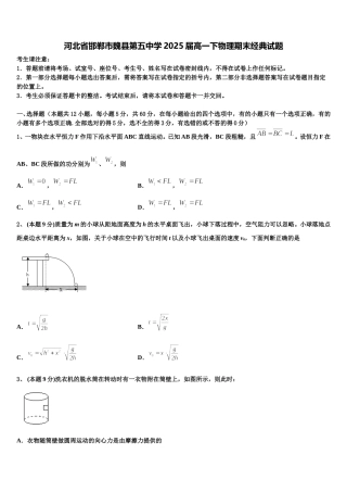 河北省邯郸市魏县第五中学2025届高一下物理期末经典试题含解析