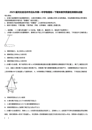 2025届河北省沧州市泊头市第一中学物理高一下期末教学质量检测模拟试题含解析