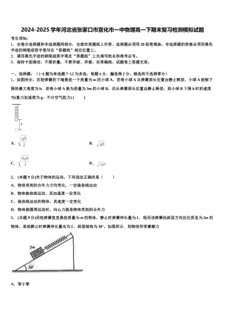 2024-2025学年河北省张家口市宣化市一中物理高一下期末复习检测模拟试题含解析