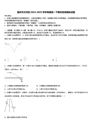 重庆市万州区2024-2025学年物理高一下期末检测模拟试题含解析