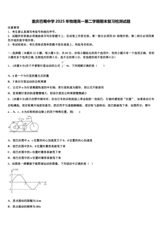 重庆巴蜀中学2025年物理高一第二学期期末复习检测试题含解析