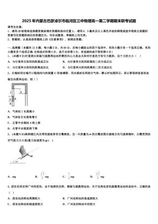 2025年内蒙古巴彦淖尔市临河区三中物理高一第二学期期末联考试题含解析