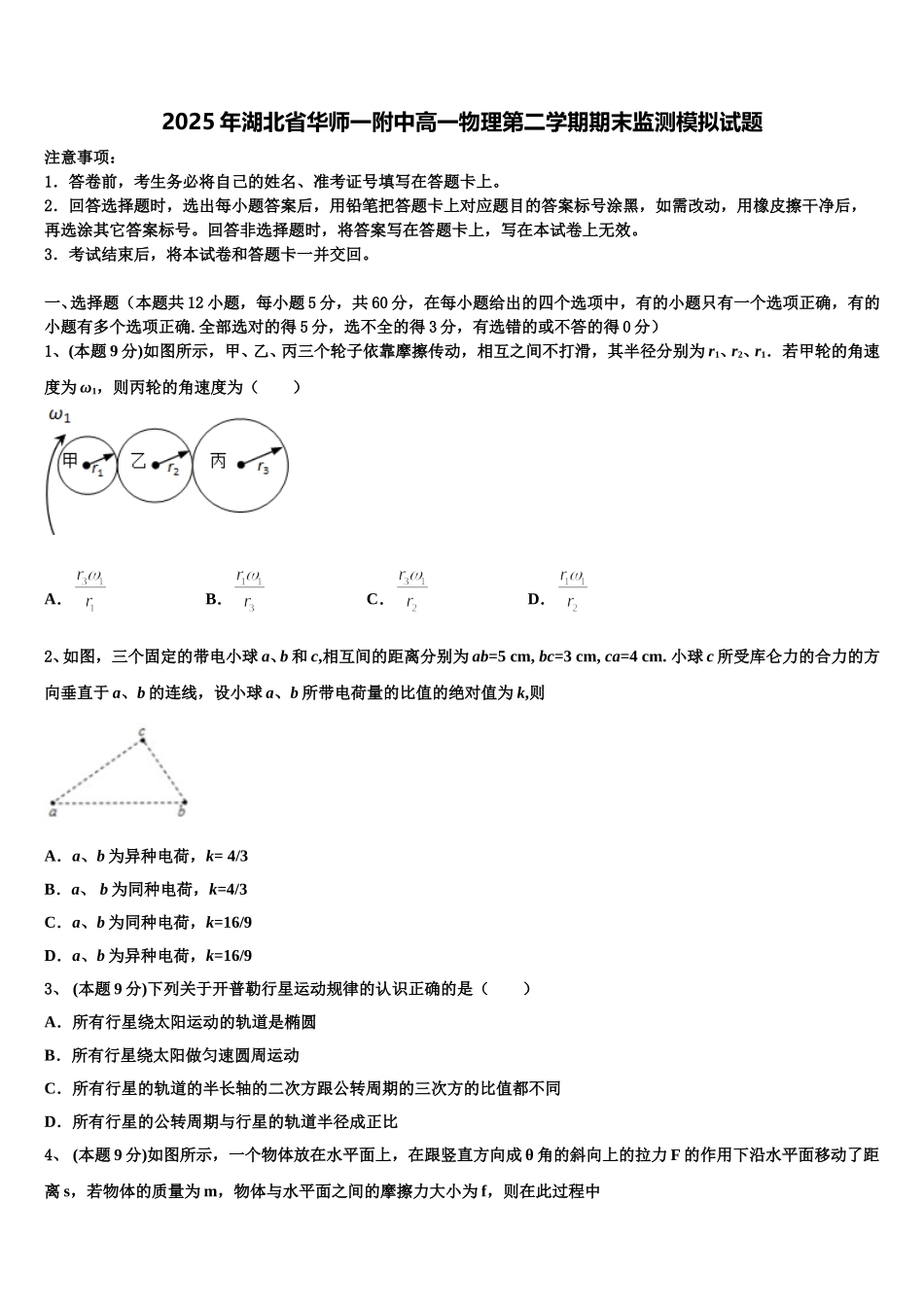 2025年湖北省华师一附中高一物理第二学期期末监测模拟试题含解析_第1页