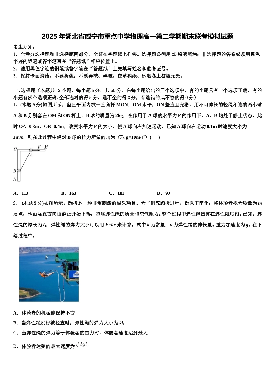 2025年湖北省咸宁市重点中学物理高一第二学期期末联考模拟试题含解析_第1页