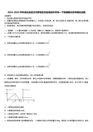 2024-2025学年湖北省武汉市蔡甸区实验高级中学高一下物理期末统考模拟试题含解析