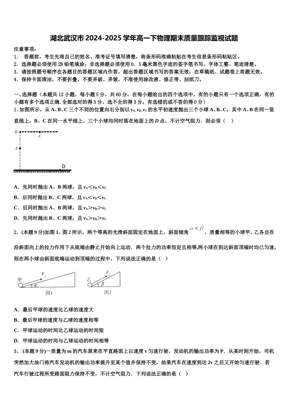 湖北武汉市2024-2025学年高一下物理期末质量跟踪监视试题含解析_第1页